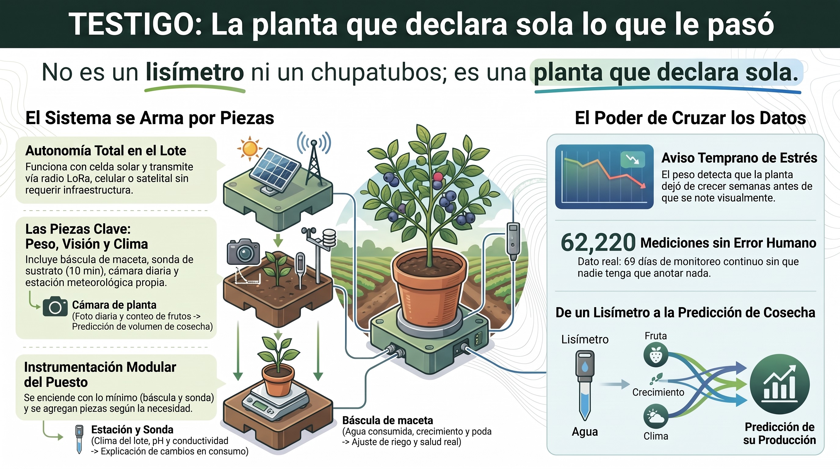 Infografía de TESTIGO: el sistema se arma por piezas —celda solar y enlace, sonda, cámara y báscula de maceta— y el poder de cruzar los datos hasta la predicción de cosecha.