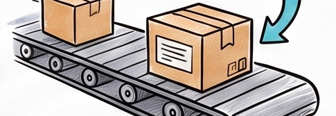 Banda de empaque ligando cajas al origen, dibujo a tinta