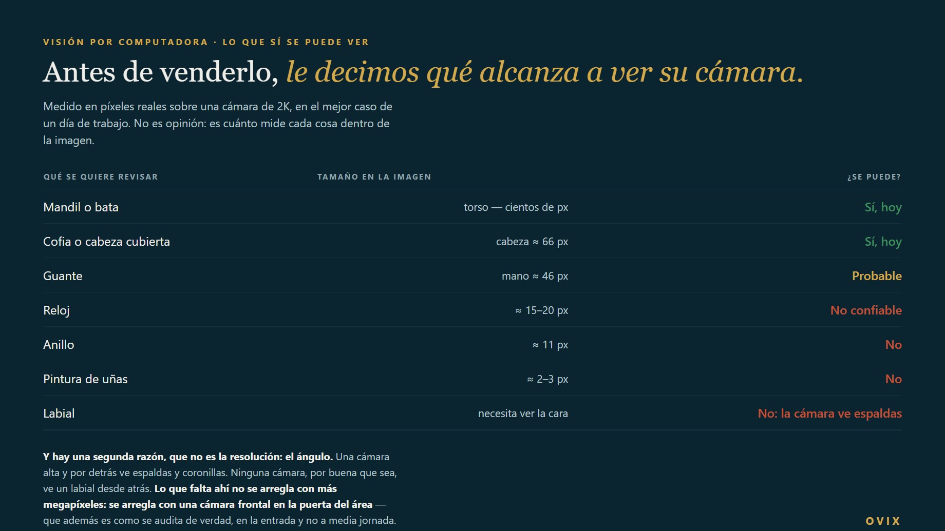 Lo que la visión por computadora sí puede ver y lo que no: cabeza cubierta y mandil sí; anillo, uñas y labial no desde una panorámica.
